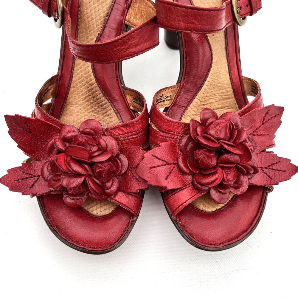 Born Red Leather Floral Rosette Heeled Sandals Women's 10.5 Ankle Strap - Picture 4 of 12